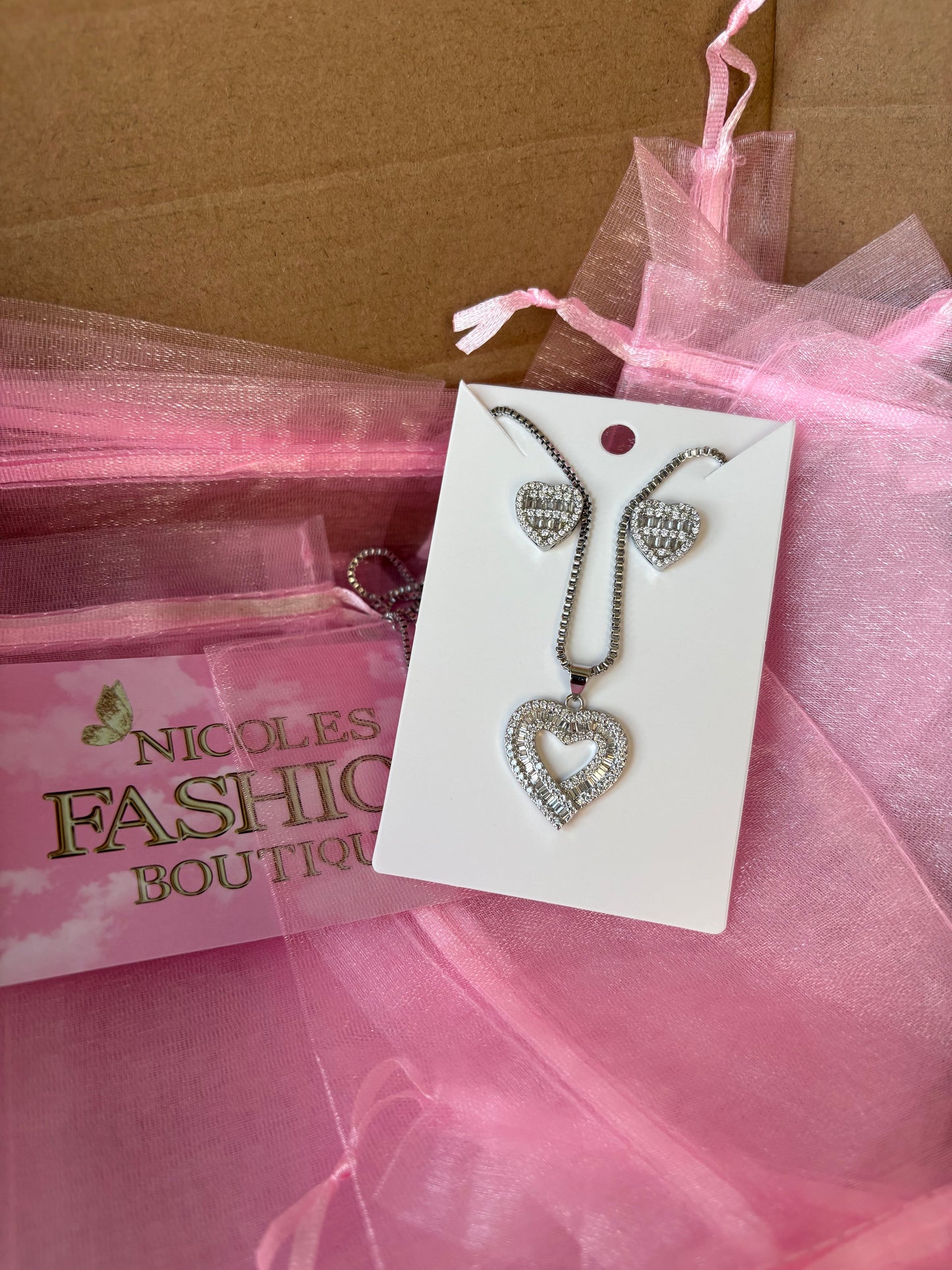 Women’s Silver Heart Baguette Necklace & Earrings Set