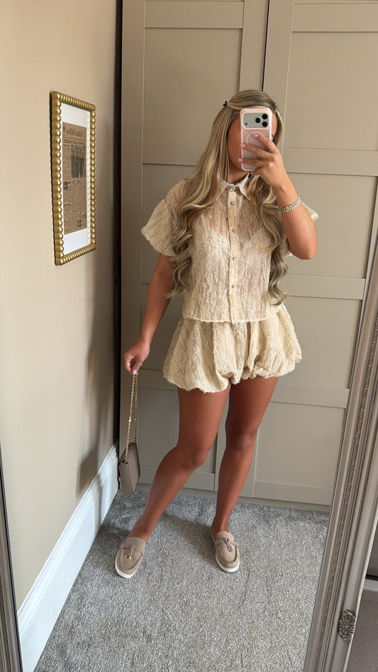 Women’s Beige Puffball Shirt Co-ord Set INSTOCK (1-3 Days Delivery)