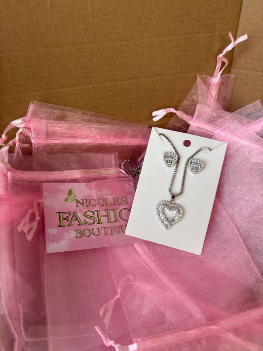 Women’s Silver Heart Baguette Necklace & Earrings Set