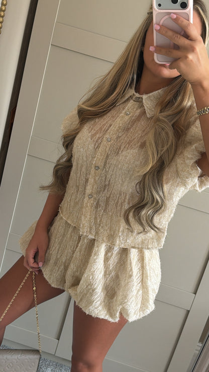 Women’s Beige Puffball Shirt Co-ord Set INSTOCK (1-3 Days Delivery)