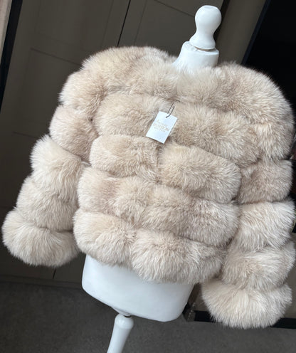 “Light Beige” 5 Row Real Fox Fur Coat 1-3 days delivery
