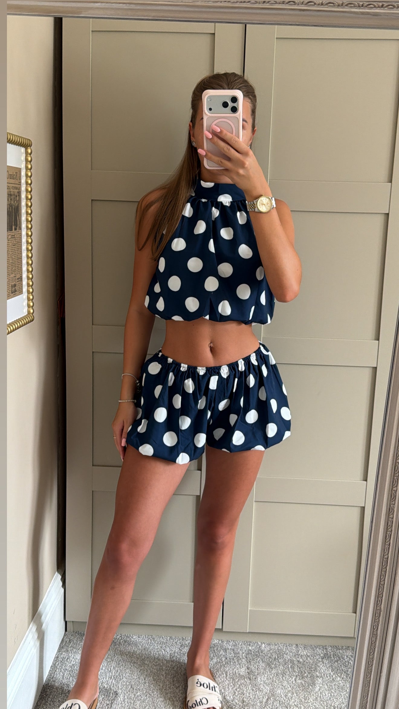 Women’s Halter Neck Crop Top And Bloomer Shorts “Navy/white”