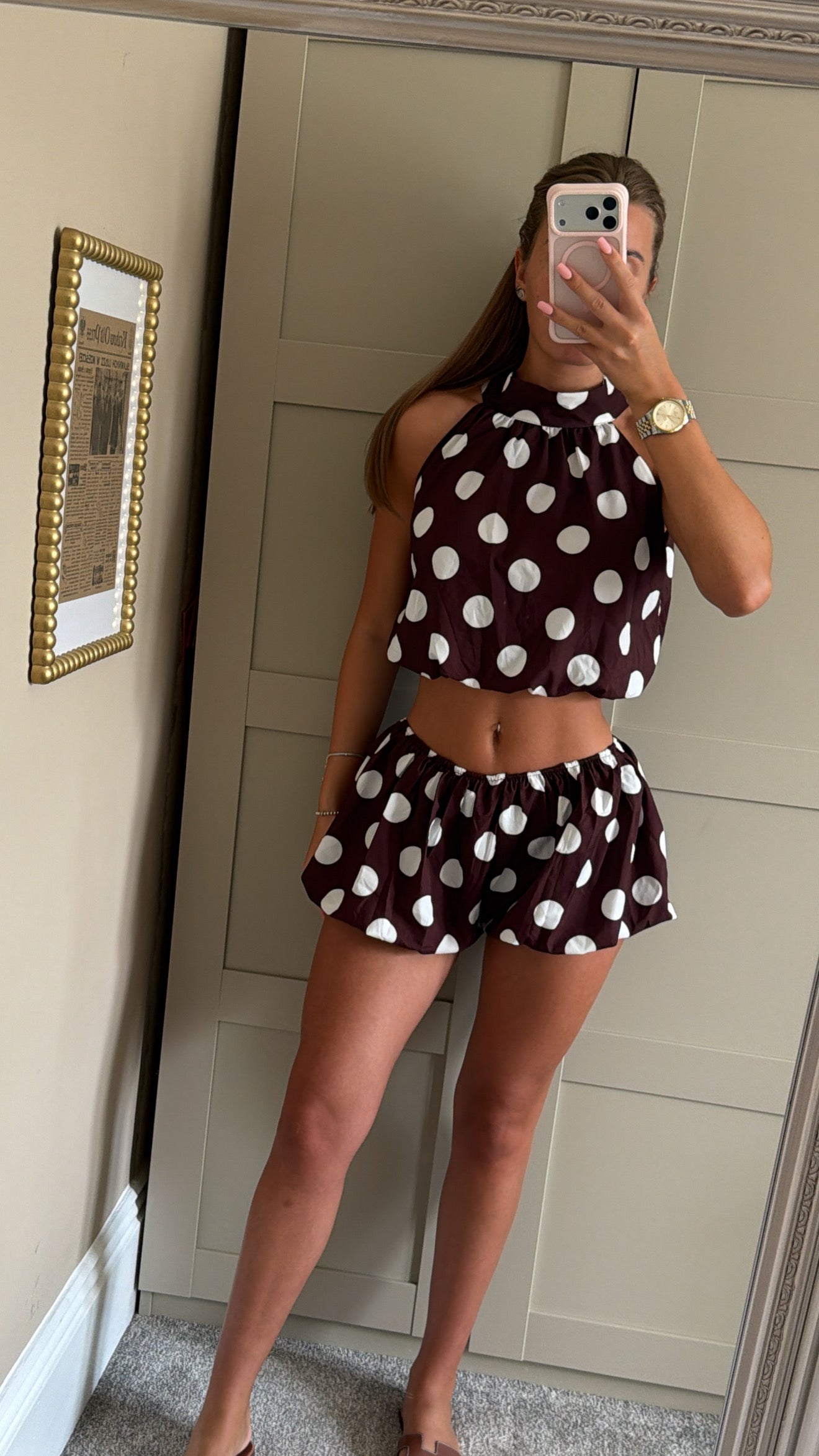 Women’s Halter Neck Crop Top And Bloomer Shorts “Brown/White”