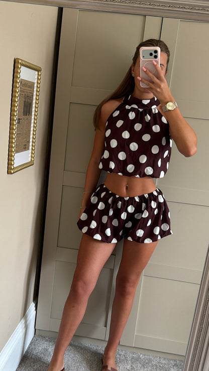 Women’s Halter Neck Crop Top And Bloomer Shorts “Brown/White”