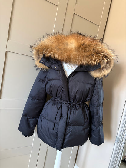 “Camilla” Black Coat Cinch In Waist & Thick Fur Trim 1-3 days delivery