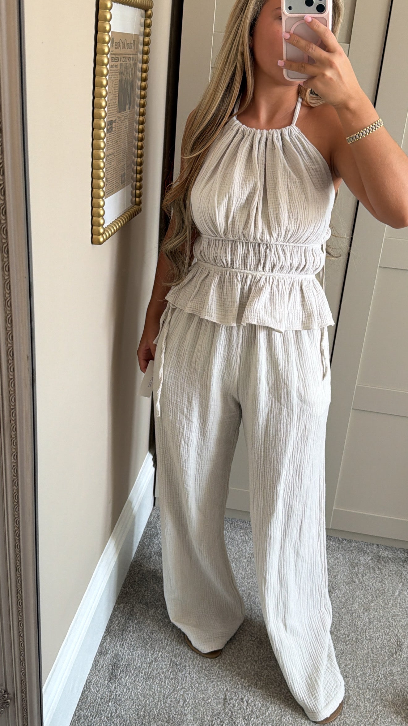 Women’s Beige Cheesecloth Lounge Set
