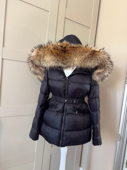 “Hazel” Women’s Black Belted Coat & Thick Fur Trim 1-3 days delivery