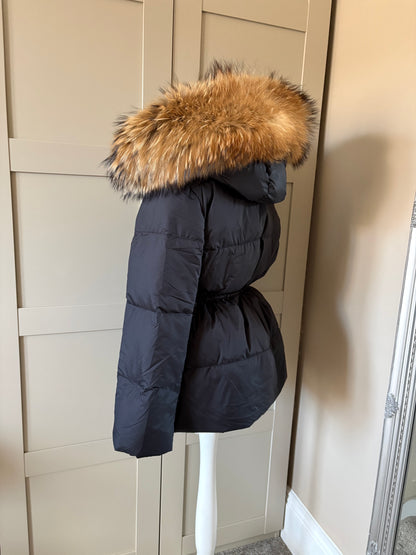 “Camilla” Black Coat Cinch In Waist & Thick Fur Trim 1-3 days delivery