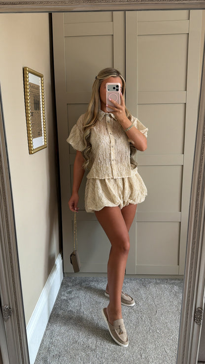 Women’s Beige Puffball Shirt Co-ord Set INSTOCK (1-3 Days Delivery)