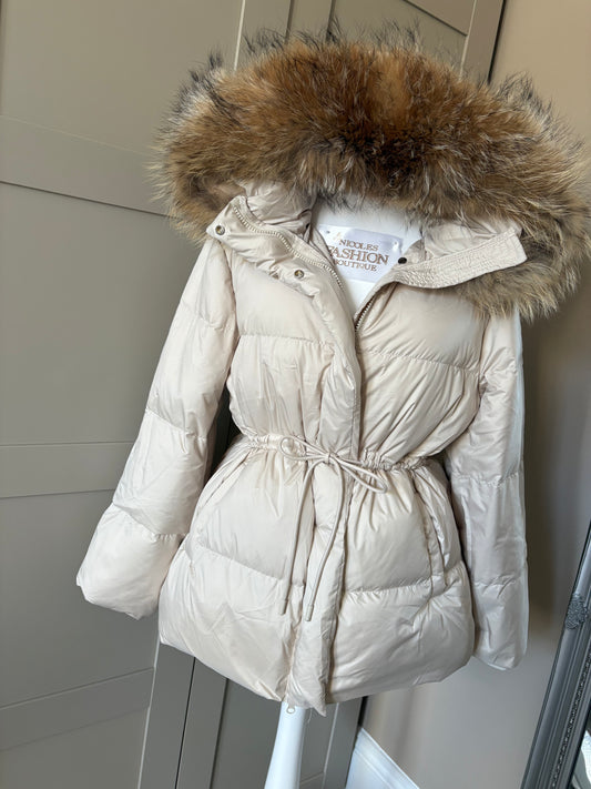 “Camilla” Beige Coat Cinch In Waist & Thick Fur Trim 1-3 days delivery