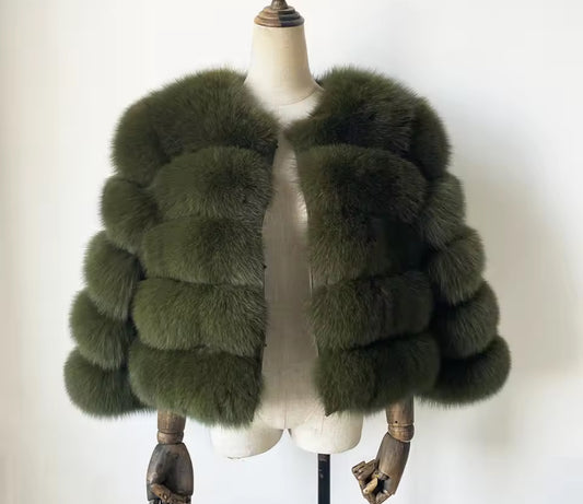 Women’s Khaki Green Real Fox Fur Coat PRE ORDER