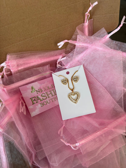 Women’s Gold Heart Baguette Necklace & Earrings Set