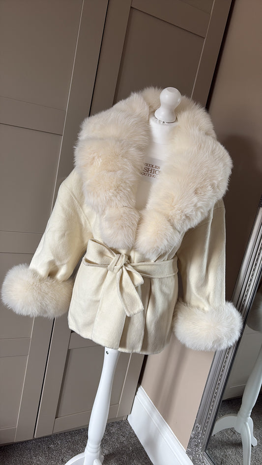 “Beige” Real fox fur coat with fur trim 1-3 days delivery