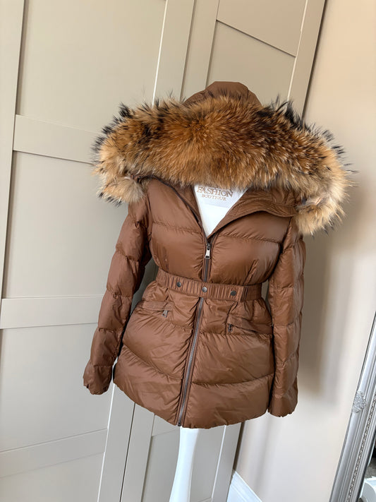 “Hazel” Women’s Brown Belted Coat & Thick Fur Trim 1-3 days delivery