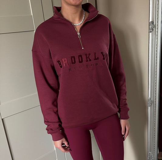 Burgundy jumper half zip instock