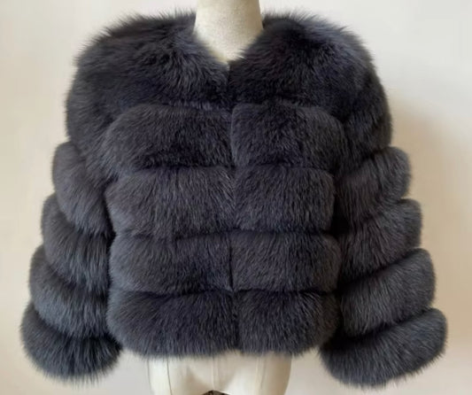 Women’s Charcoal Grey Real Fox Fur Coat PRE ORDER