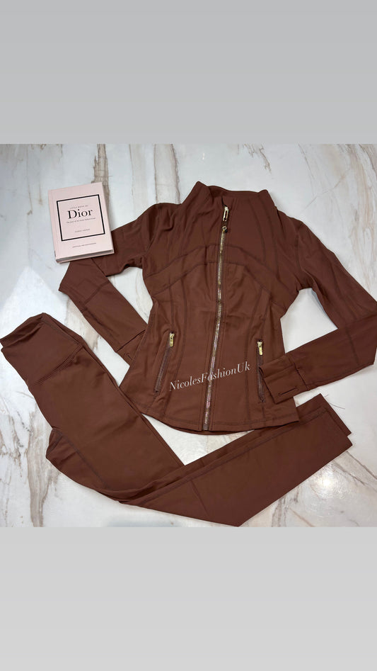 Women’s Brown/Gold Zip Gym Set INSTOCK (1/3 Days Delivery)
