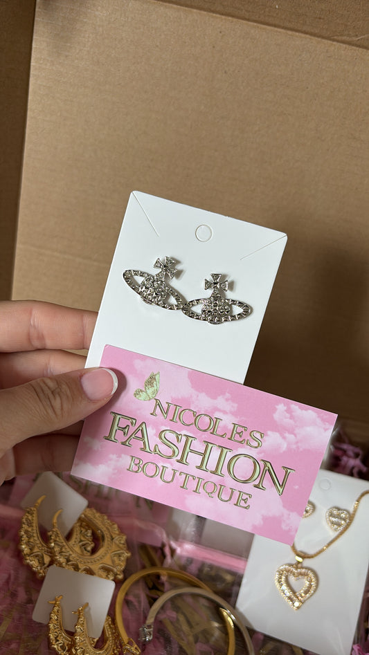 Silver planet earrings with logo