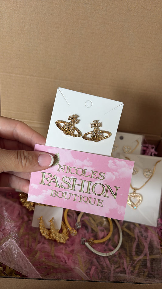 Gold planet earrings with logo